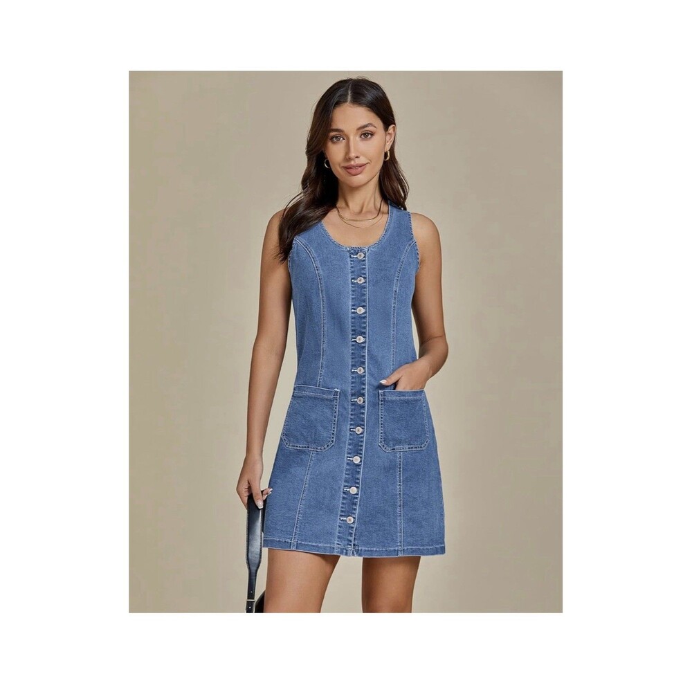 NWT Luvamia Women's Denim Dress Sleeveless Button Down Mini Western Size L